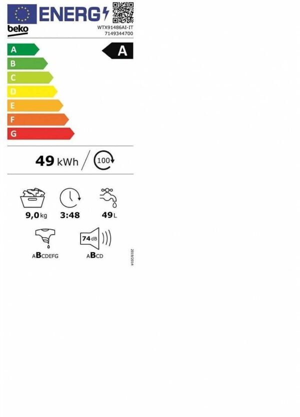 Beko WTX91486AI-IT Πλυντήριο Ρούχων 9kg 1400 Στροφών - Image 2