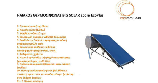 BIGSOLAR BS Eco Plus Ηλιακός Θερμοσίφωνας 300lt 4m² Glass Διπλής Ενέργειας