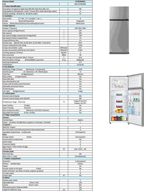 Hisense RT-267D4AD1 Δίπορτο Ψυγείο Υ143.5xΠ55xΒ54.2cm Inox - Image 2